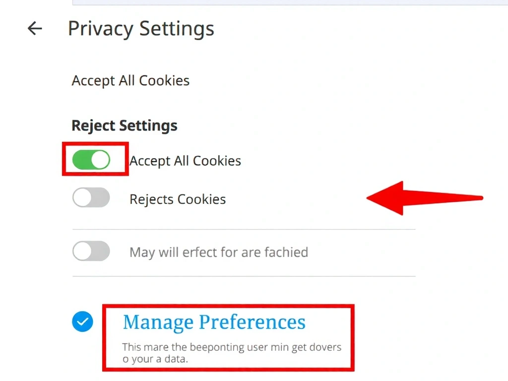 Representación visual de un panel de control o configuración de privacidad en un navegador, con opciones para aceptar o rechazar cookies, ilustrando el control del usuario sobre sus datos.