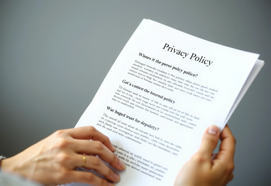 Ilustración de una persona leyendo un documento de política de privacidad con un escudo de seguridad