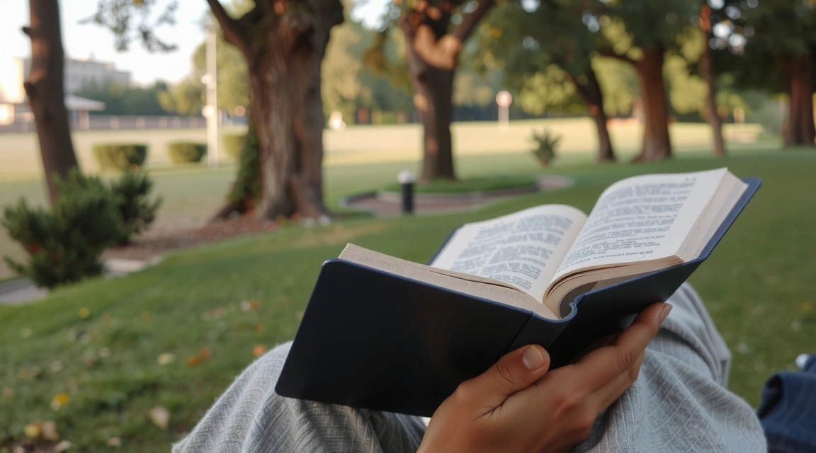 Una persona leyendo un libro en un entorno natural tranquilo, simbolizando la búsqueda de conocimiento y bienestar